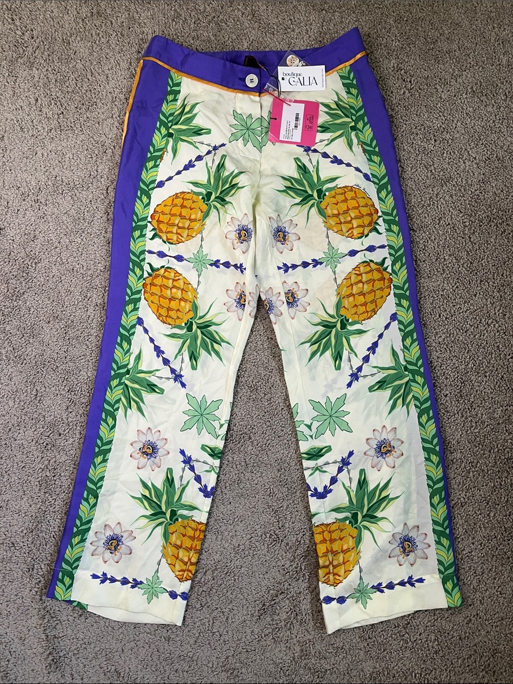 Franco Ferrari Silk Pineapple Floral Tropical Pants Sm NWT Italy Resort Cruise